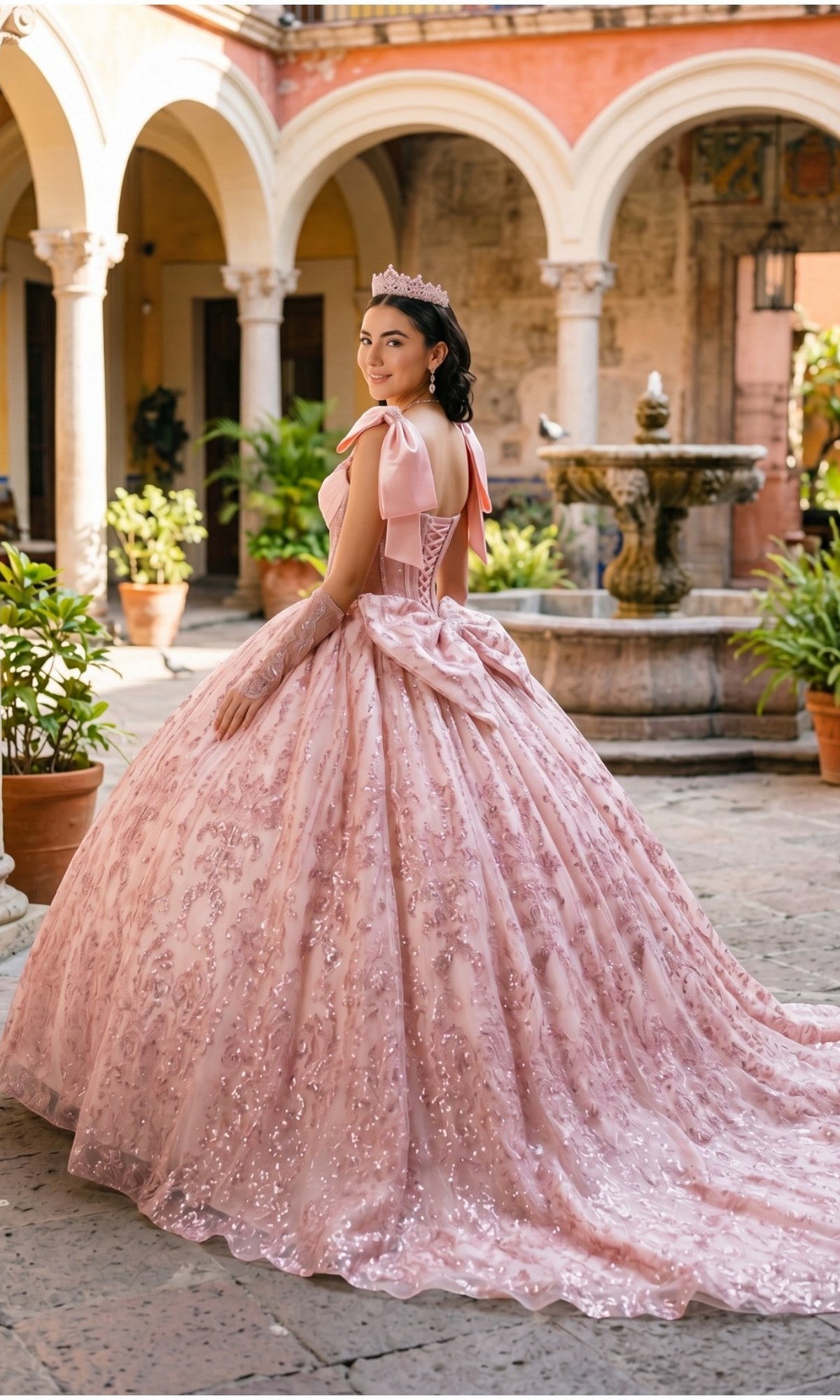 A young woman wearing the Quinceanera Dress 8530JQ by Cinderella Couture, featuring a beaded corset bodice and a sparkling tiara, stands in a courtyard near a stone fountain and potted plants, looking over her shoulder.